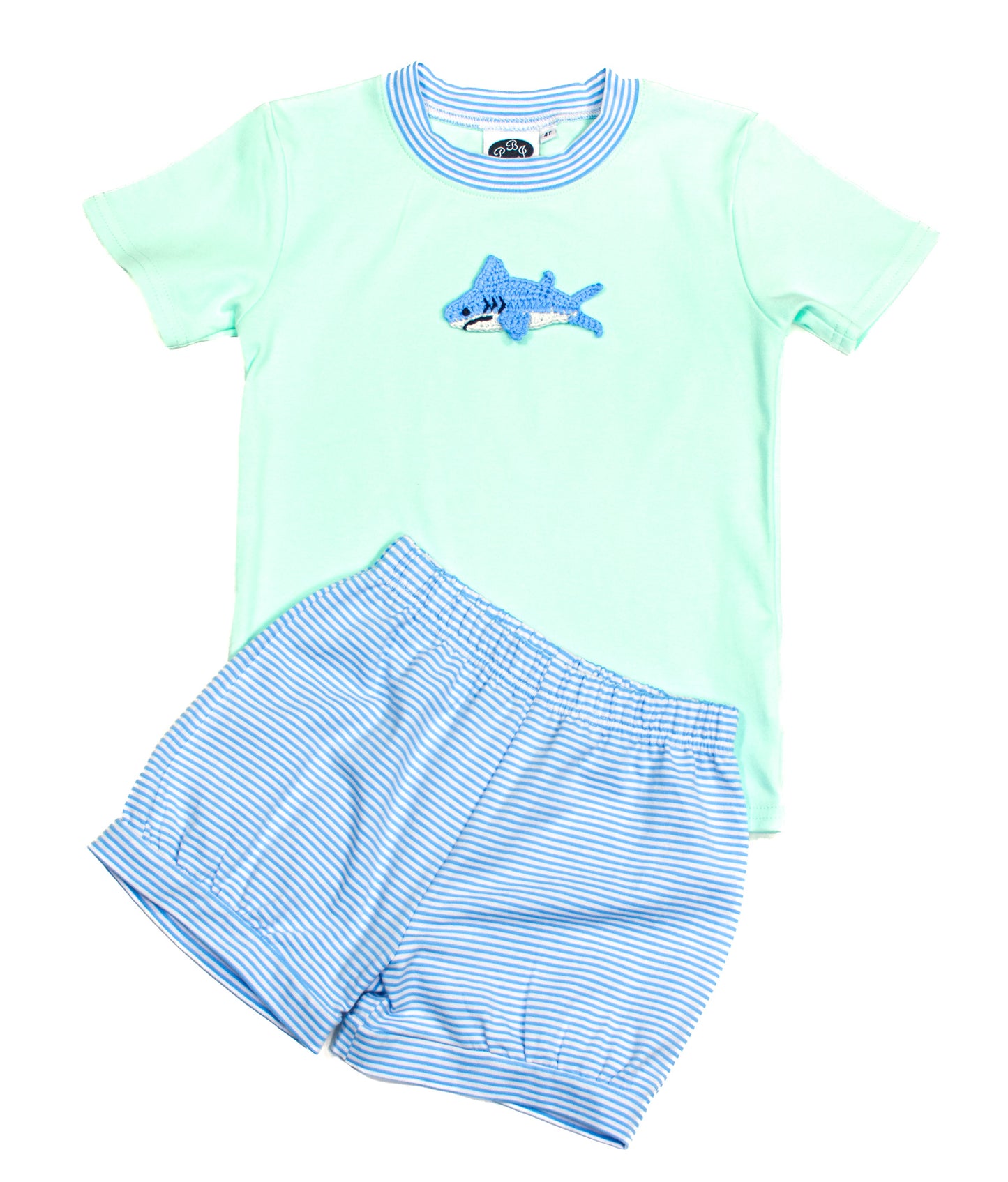 Solid mint crewneck SS shirt w/Cobalt Stripes