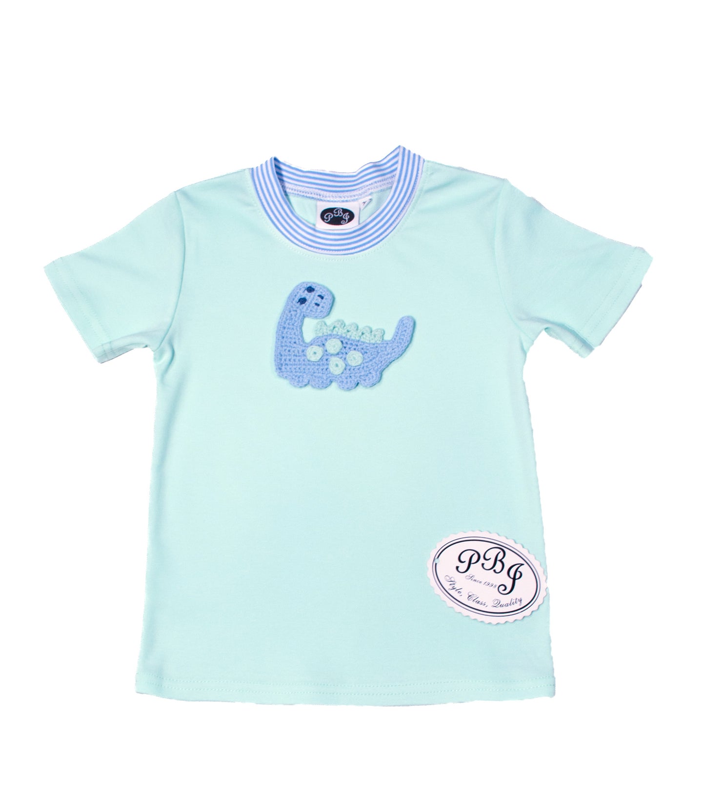 Solid mint crewneck SS shirt w/Cobalt Stripes