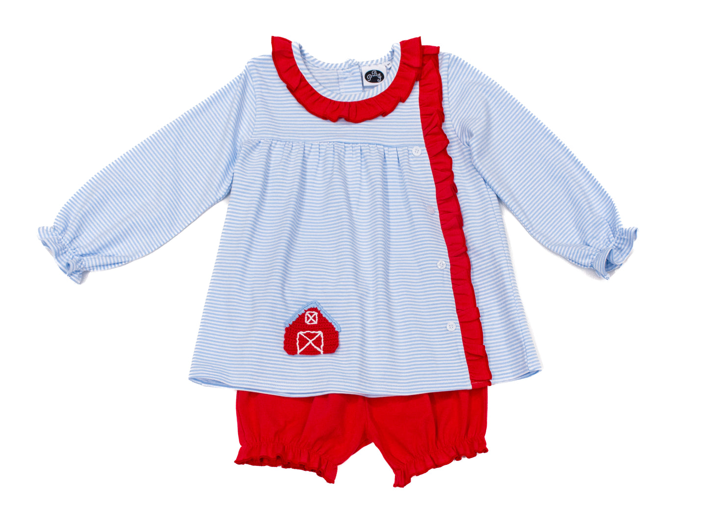 Side Ruffle Tunic Blue stripes w/ red