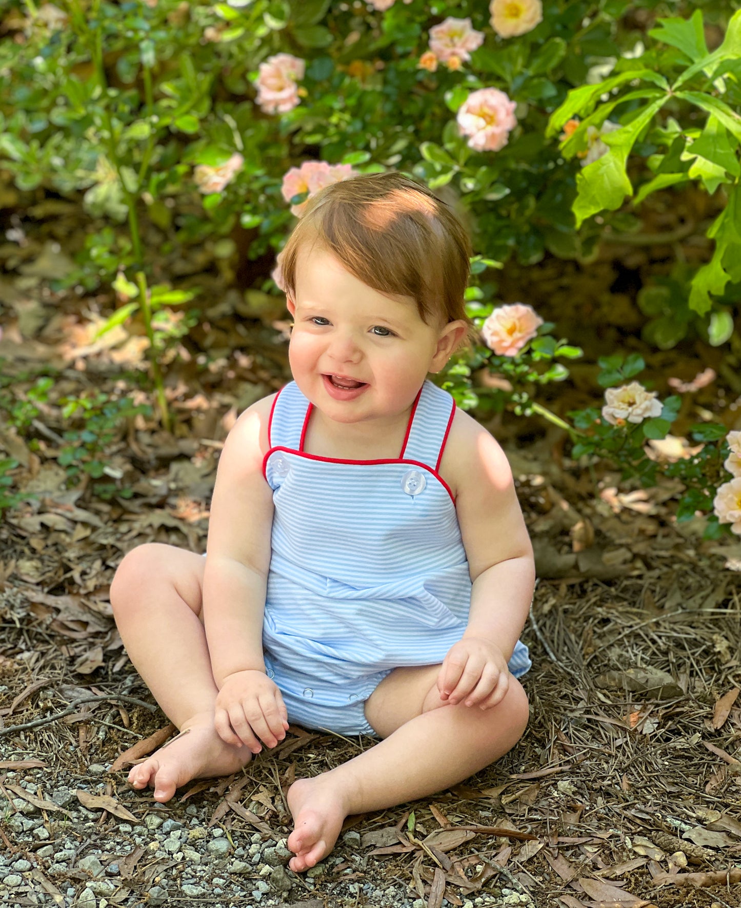 Blue stripes Sunsuit/ red contrast