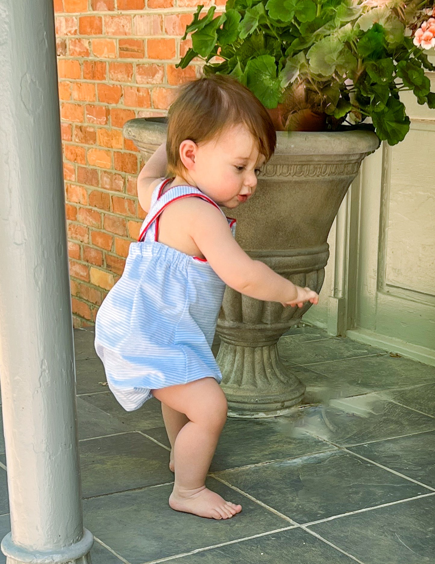 Blue stripes Sunsuit/ red contrast
