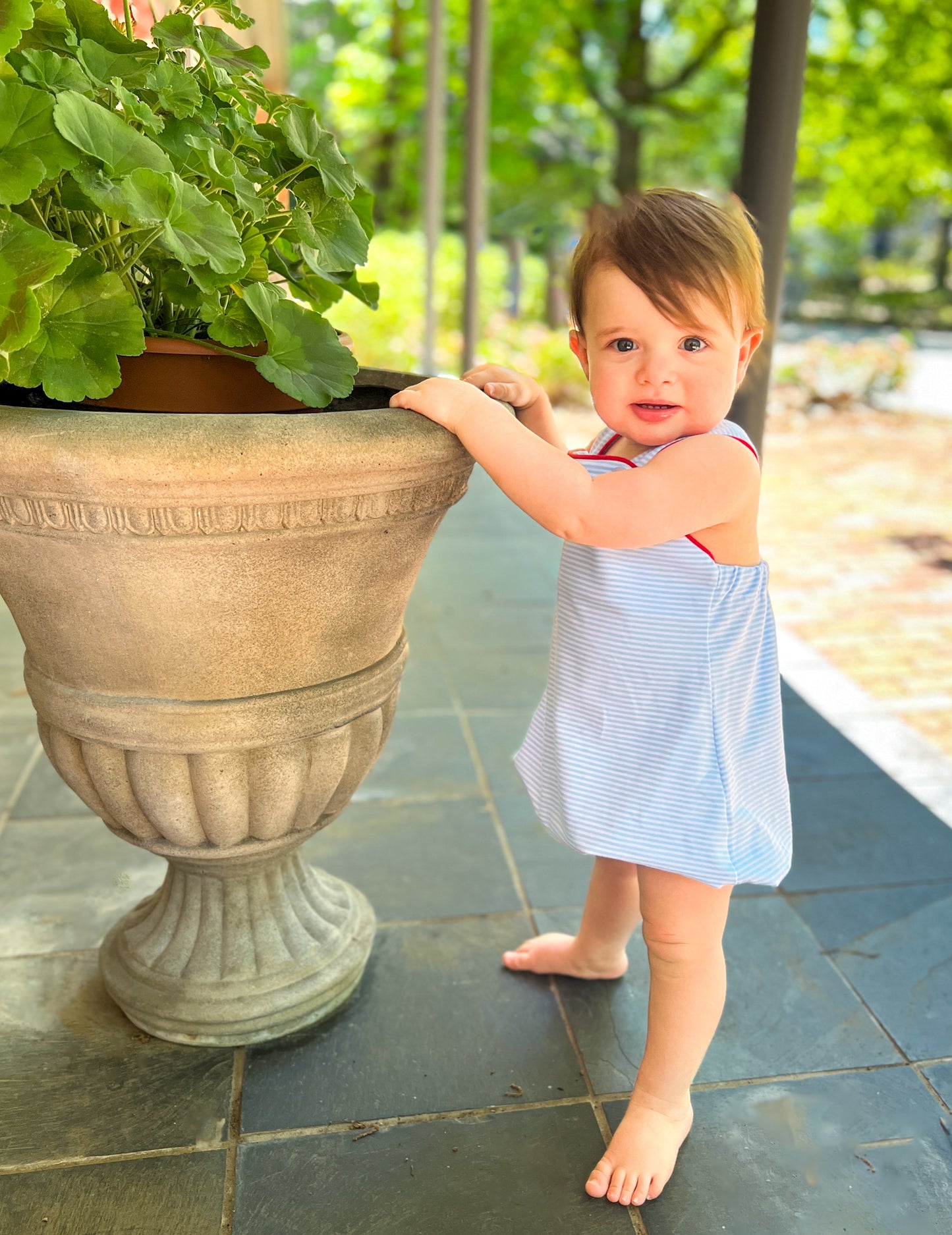Blue stripes Sunsuit/ red contrast