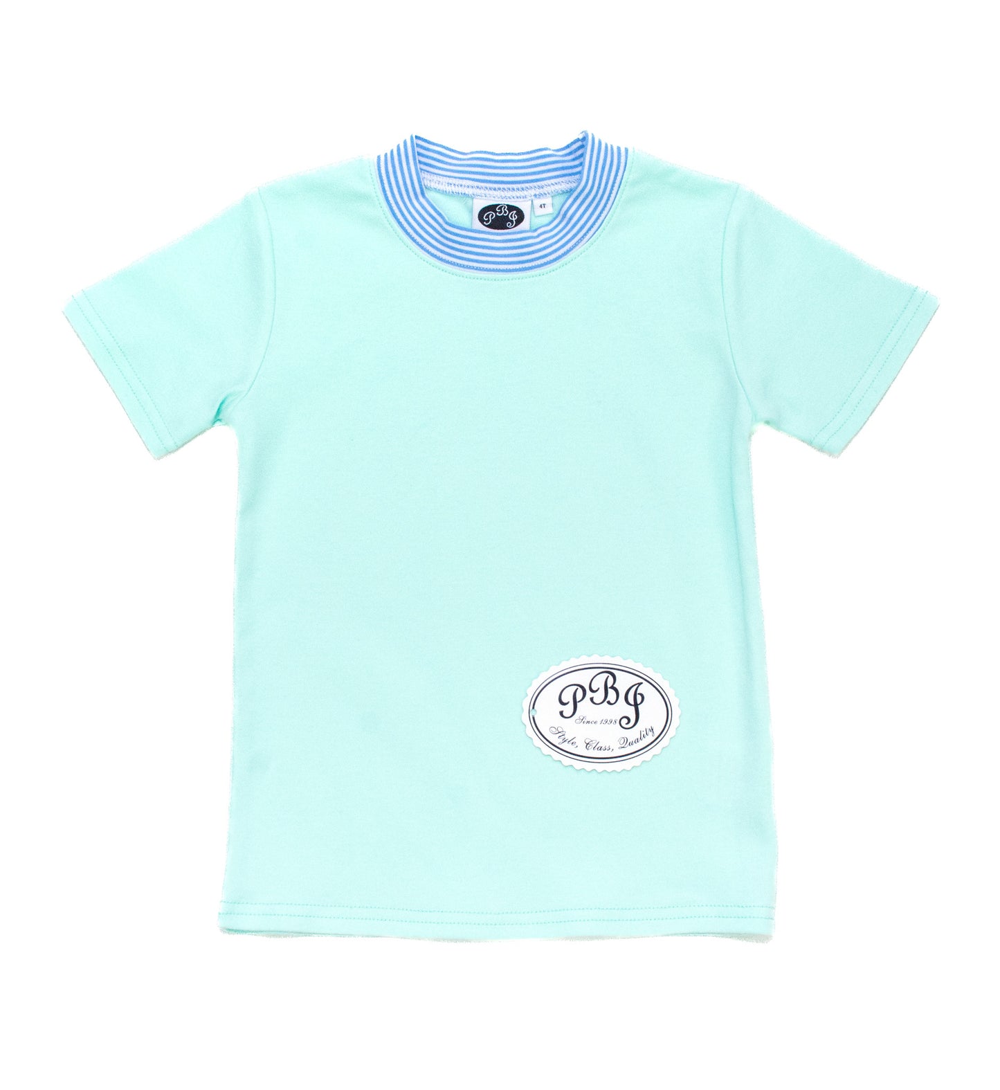 Solid mint crewneck SS shirt w/Cobalt Stripes