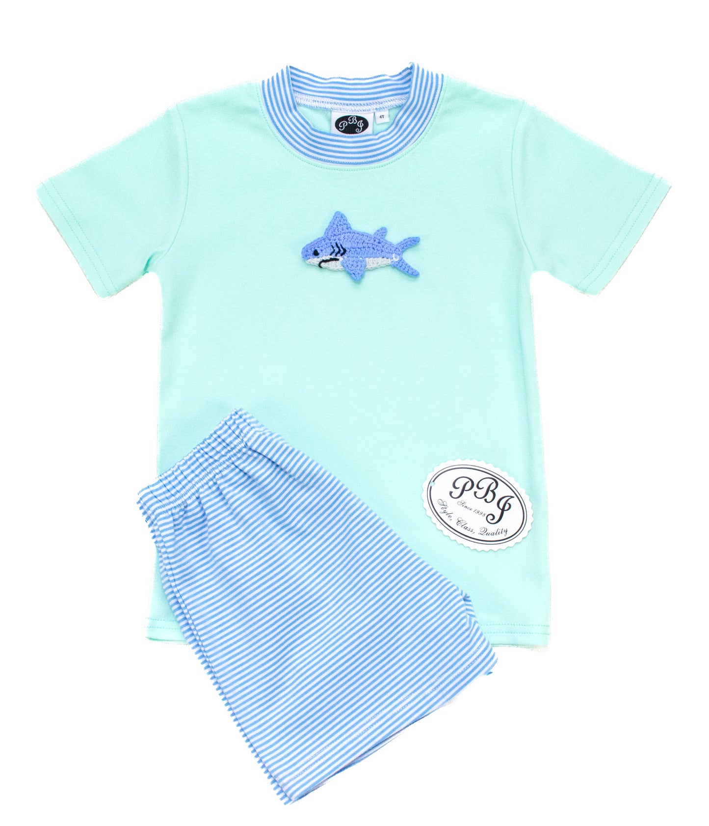 Solid mint crewneck SS shirt w/Cobalt Stripes