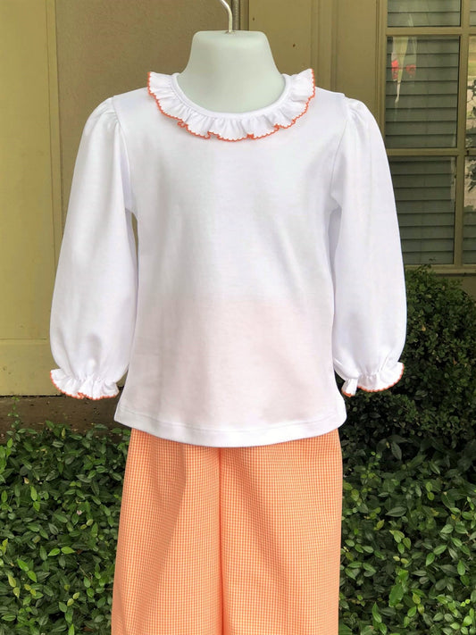 Ruffle collar blouse with orange picot trim*