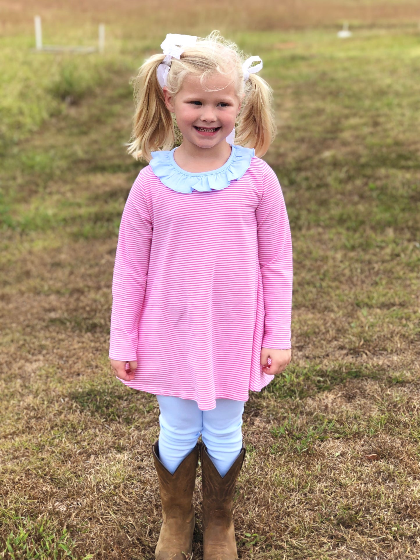 Hot pink stripes Swing top tunic/ solid blue ruffle