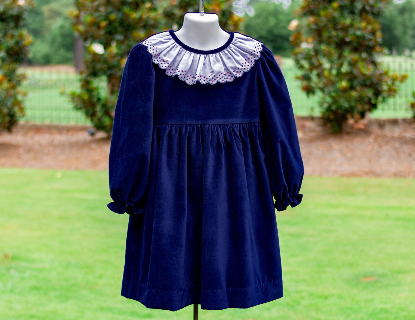 LS Navy velvet dress with dotted lace collar 3T