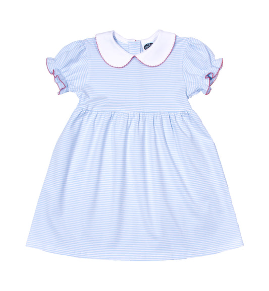 Lizzy dress SS blue stripes/ red picot