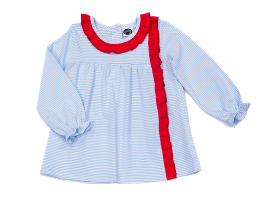 Side Ruffle Tunic Blue stripes w/ red