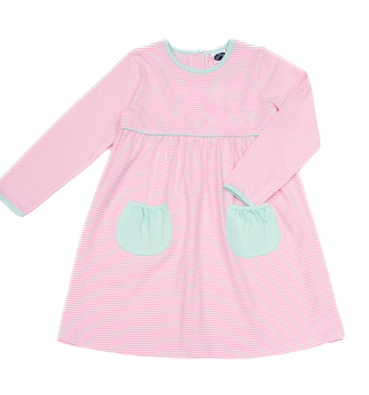 LS Lara Dress Mint stripes with solid pink