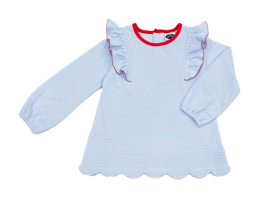 Evie scalloped tunic Blue stripes/ red