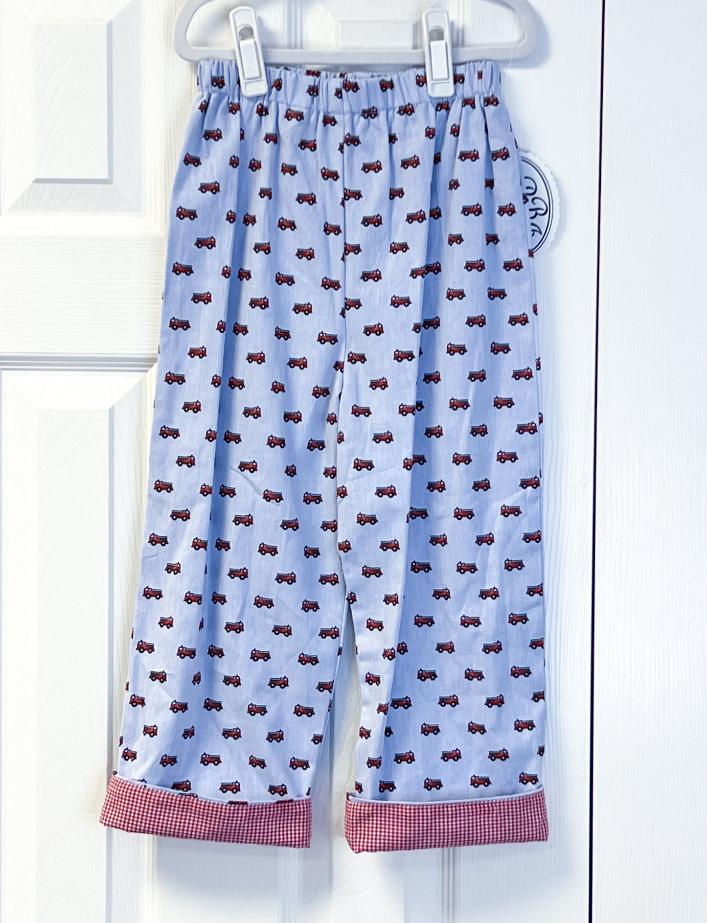 Firetruck pants with red gingham cuff 6Y