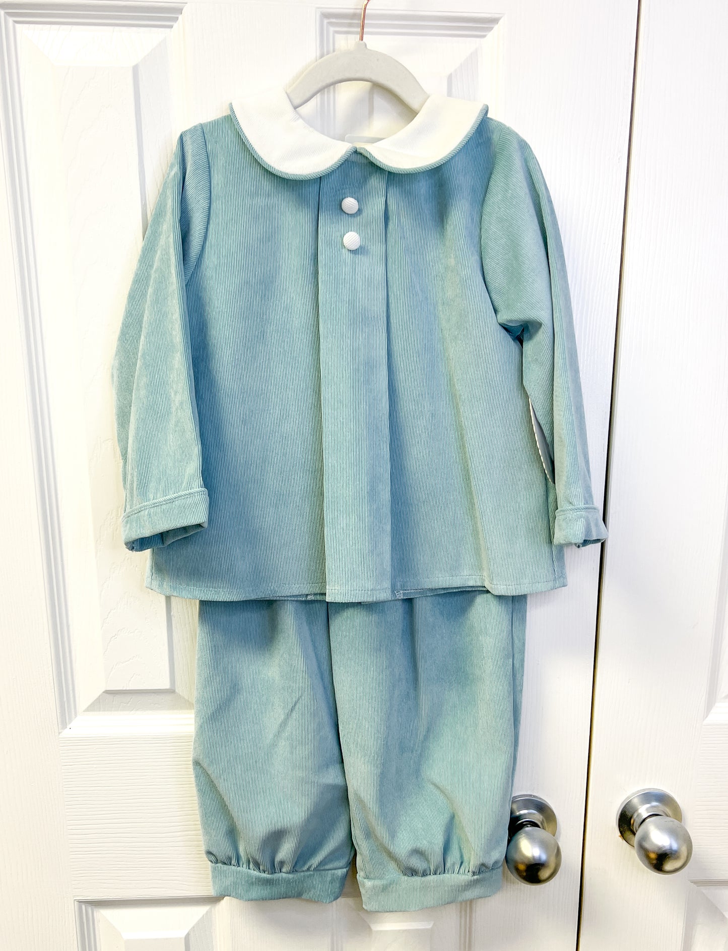 Sage cord Reverse pleat top + banded pants 3t set
