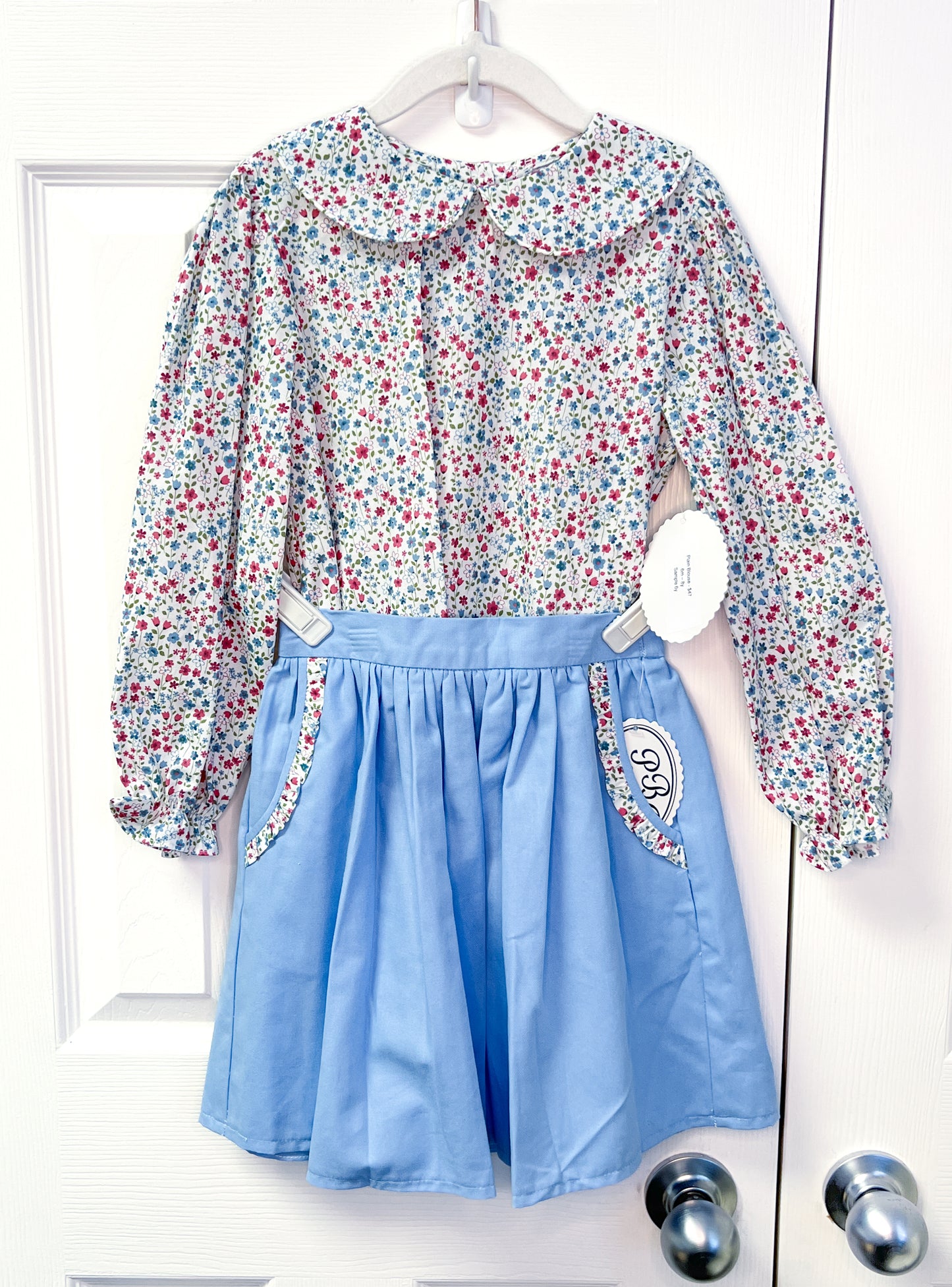 6y Floral blouse + 6+1" blue twill Sally skirt