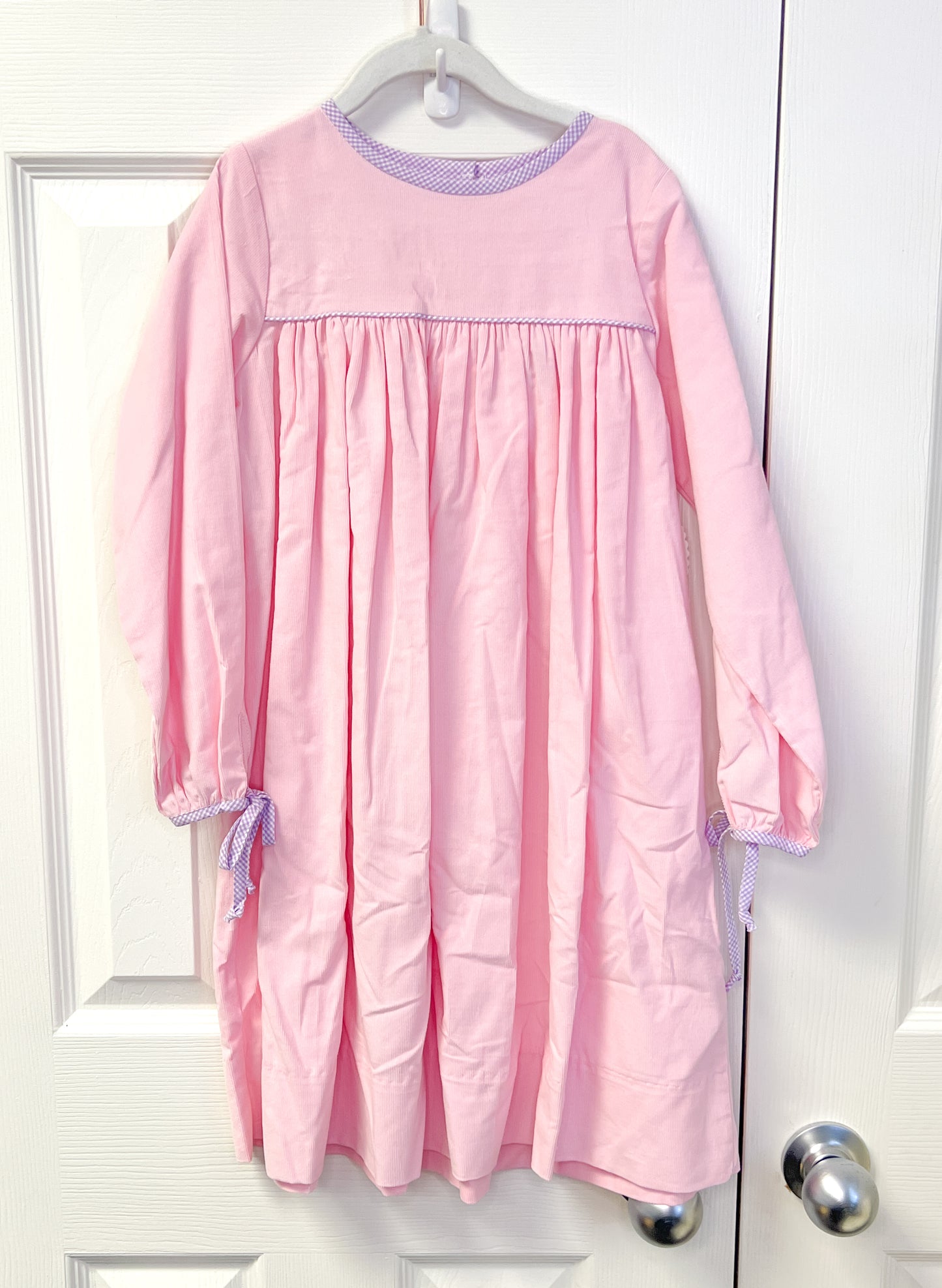 Pink cord Lilly dress/ lilac ging. contrast 5t