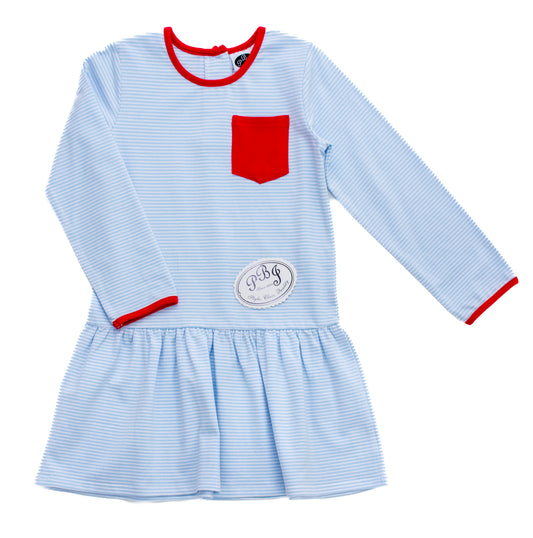 Dropped waist dress Blue stripes/ Red