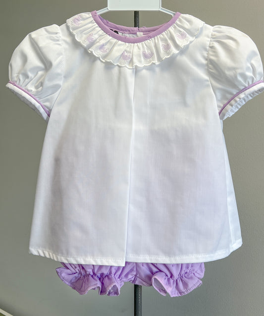Blouse w/ chick collar + lilac bloomers - 18m set