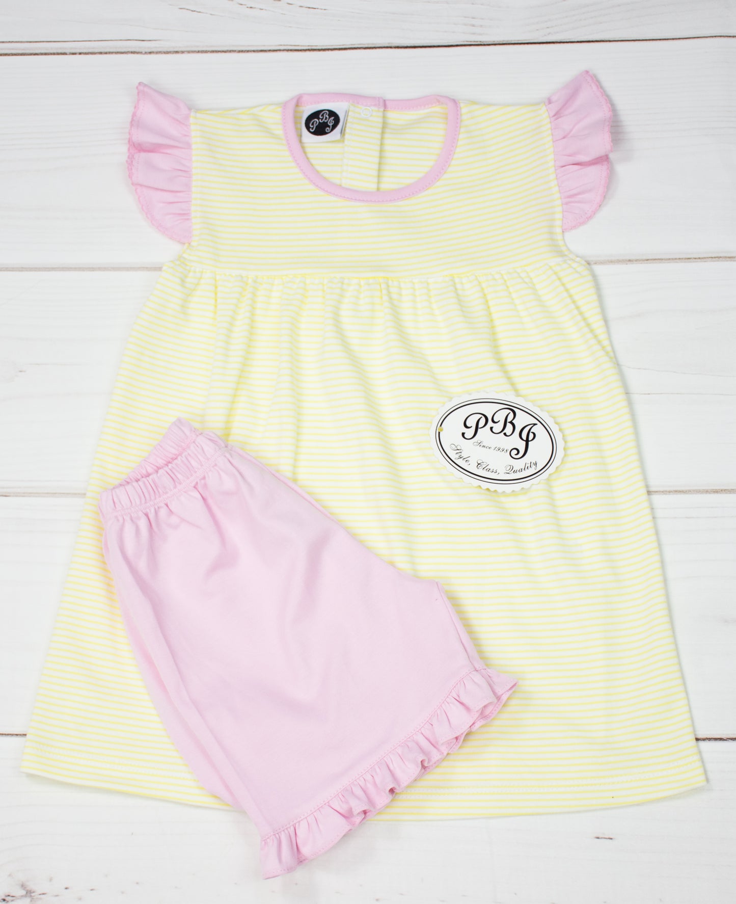 Pima Yellow stripes girl angel sleeves set w/ ruffle shorts