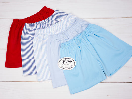 PIMA plain shorts (red, royal stripes, blue stripes, solid blue, turquoise)