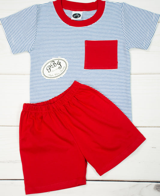 PIMA Royal stripes pocket set/ red contrast and shorts