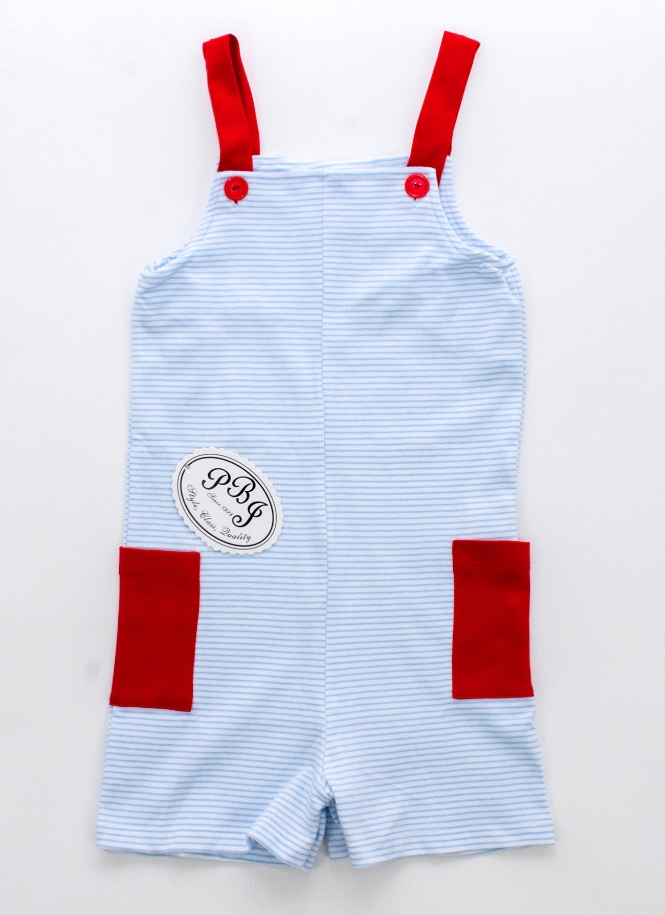 Pima Harry sunsuit w/ pockets - blue stripes/ red