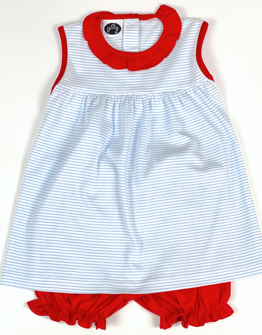 Pima Girl bloomers diaper set - blue stripes/ red