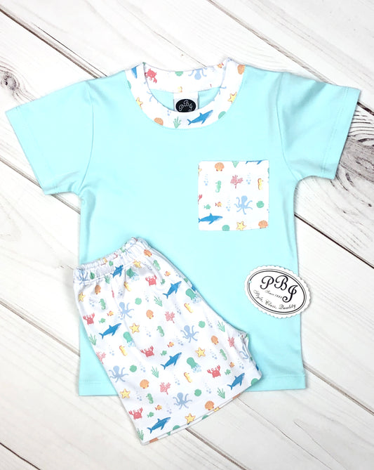 PIMA Sea Animals/ pocket shirt set Mint
