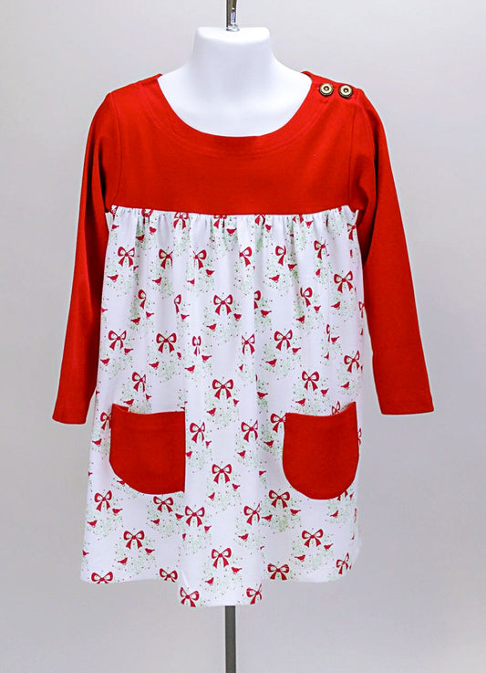 Pima boatneck dress - wreaths / solid red*