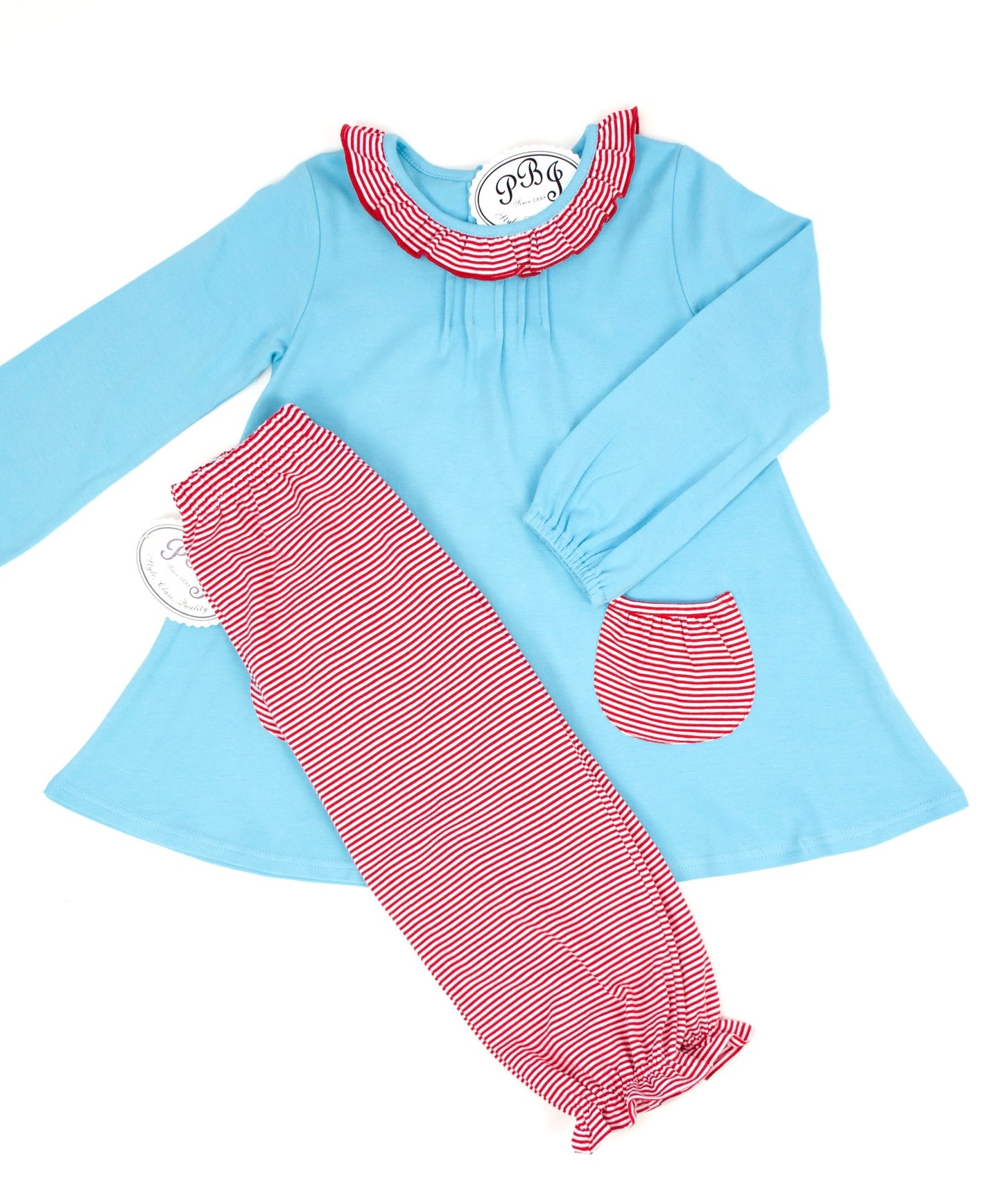 Pintucked Tunic w/ pockets Aqua and red stripes
