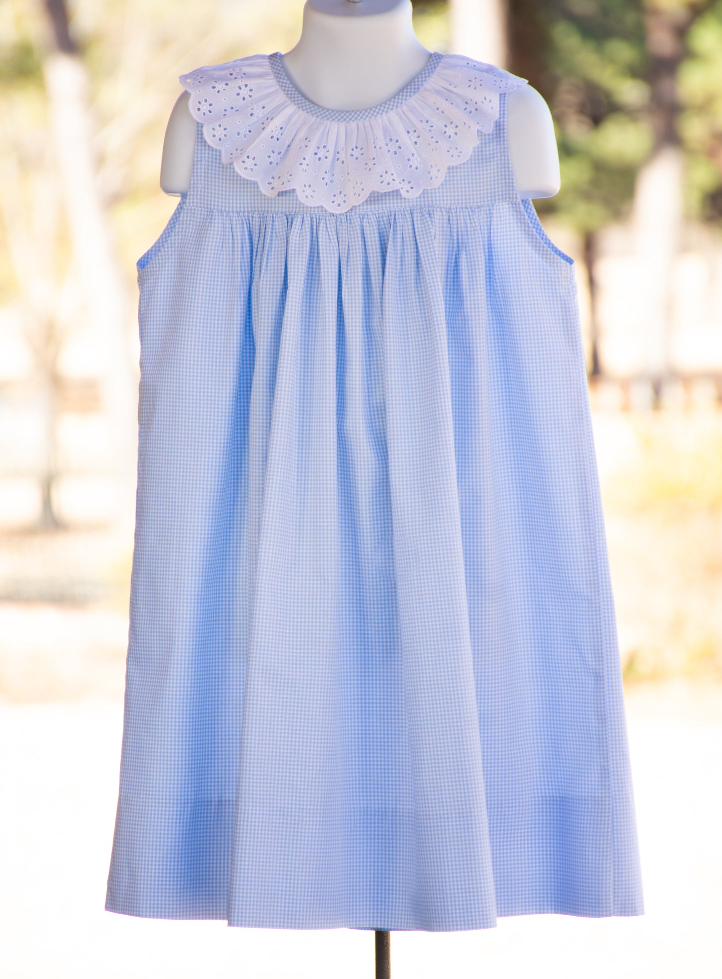 Sleeveless Blue gingham Float with Lace Collar 5T -2"