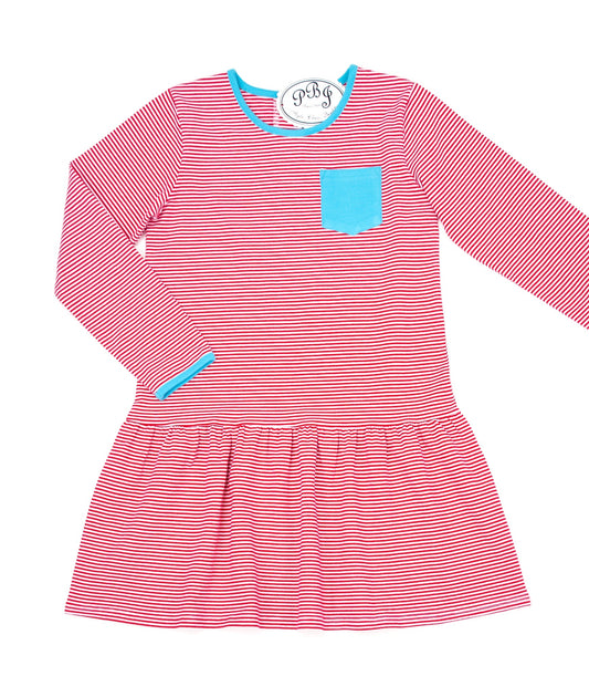 Dropped waist dress/ Red stripes and Aqua