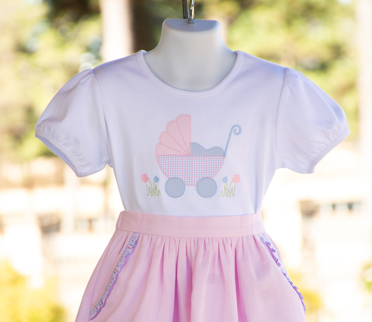 White Cap Sleeve T Shirt with Baby Carriage Applique - 6Y (TOP ONLY)