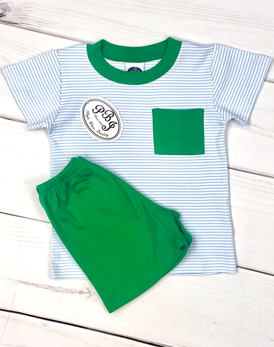 PIMA pocket shirt set Blue stripes/ Emerald