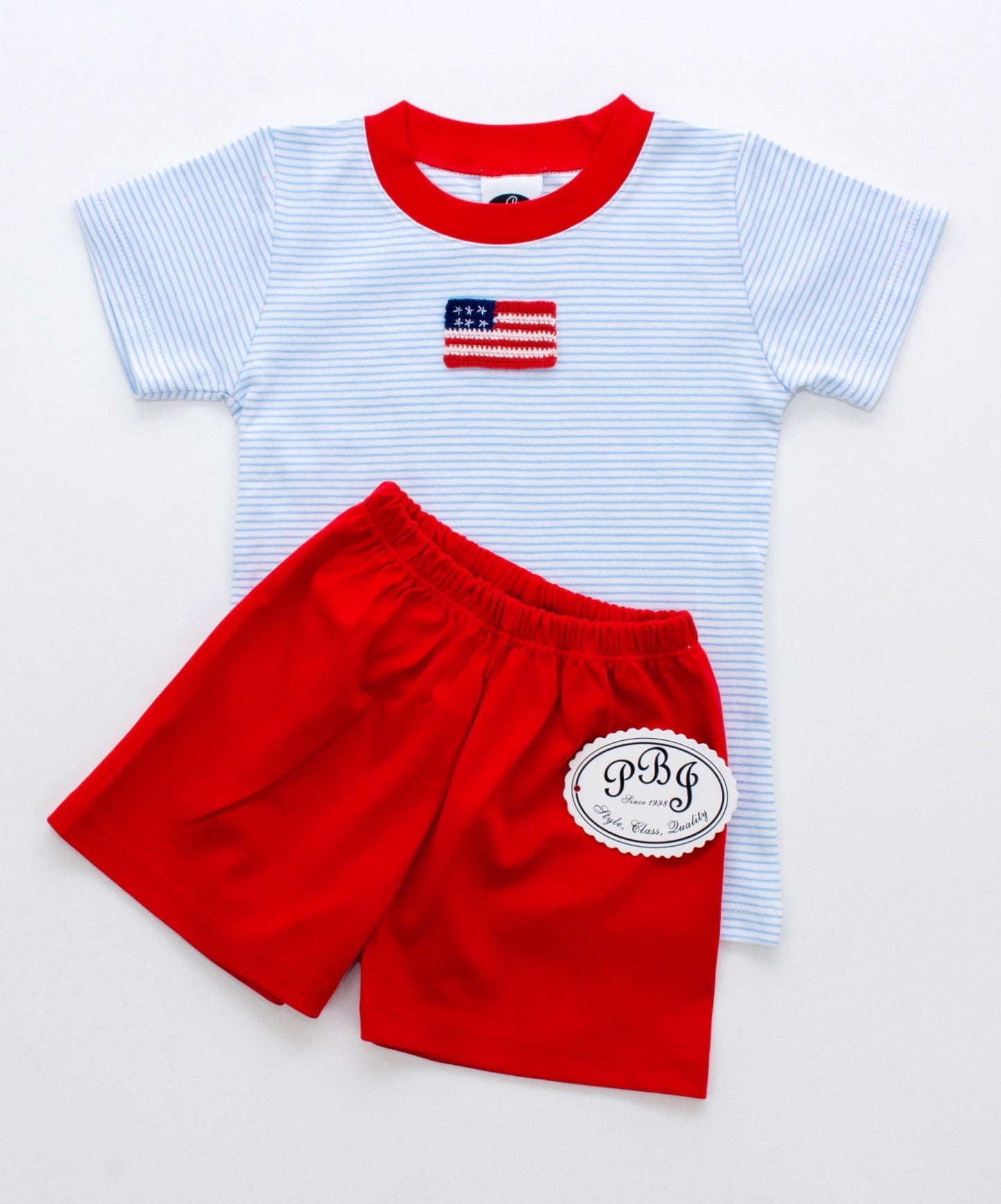 Pima shirt/ shorts set - blue stripes/ red