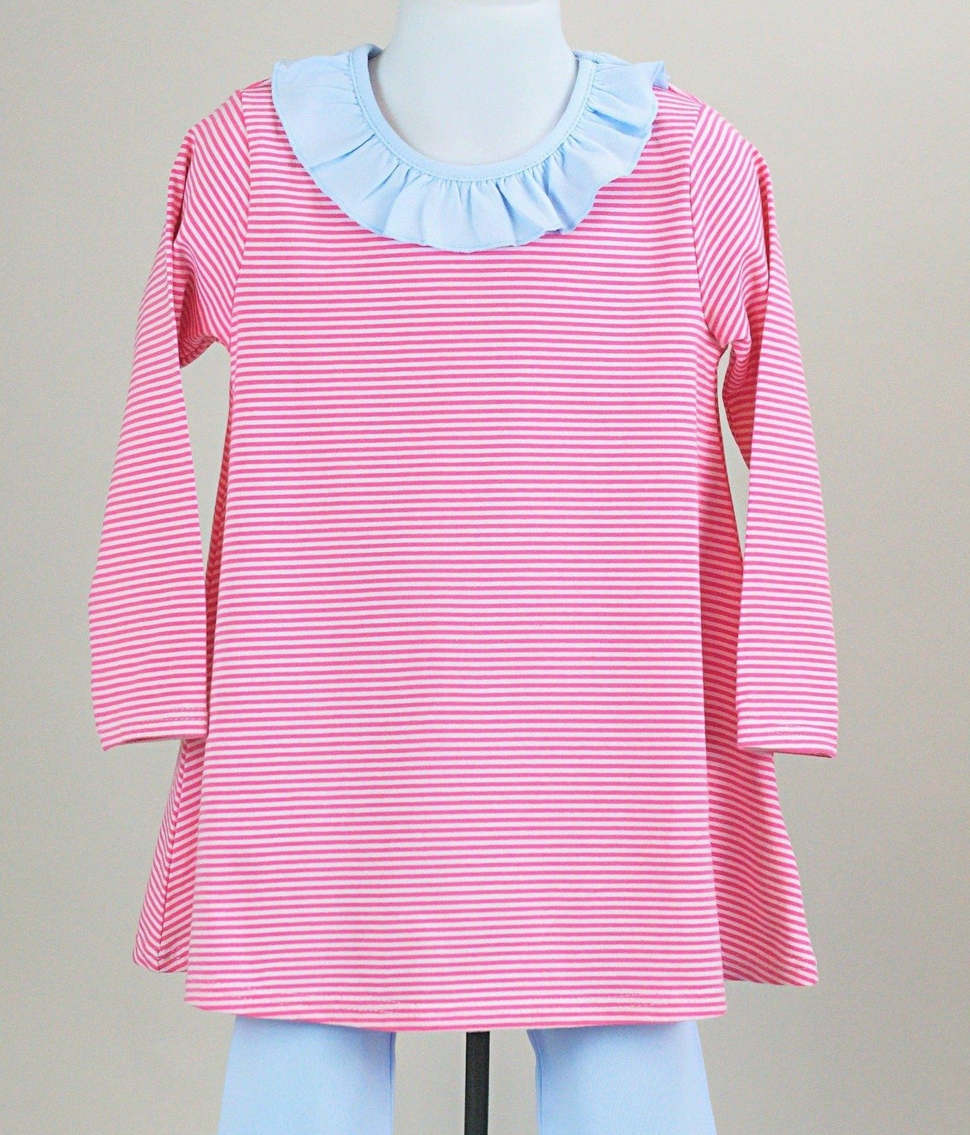 Hot pink stripes Swing top tunic/ solid blue ruffle